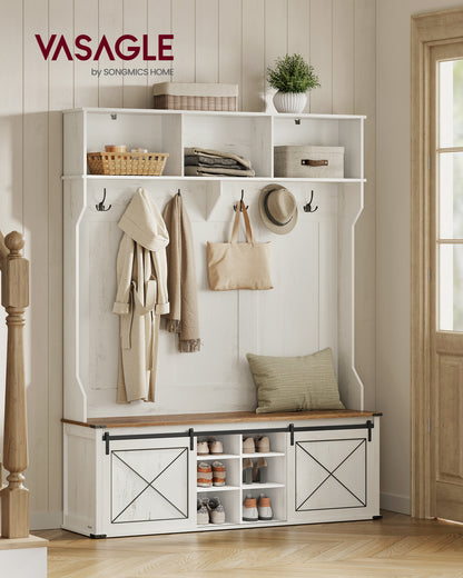 Hall Tree with Bench and Shoe Storage, Coat Rack with Shoe Bench, Entryway Furniture, 6 Tri-Hooks, Sliding Door, Farmfouse Style, Space Saving
