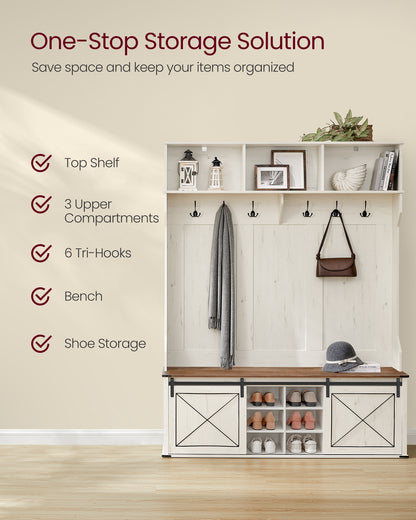 Hall Tree with Bench and Shoe Storage, Coat Rack with Shoe Bench, Entryway Furniture, 6 Tri-Hooks, Sliding Door, Farmfouse Style, Space Saving