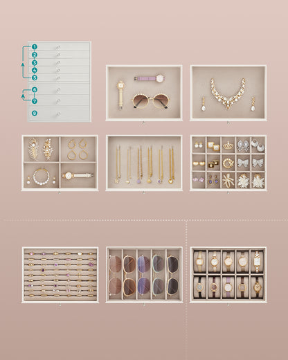 SONGMICS Jewellery Box, 8-Tier Jewellery Organiser with Drawers, Large Capacity, Jewellery Storage, Modern Style, Cloud White