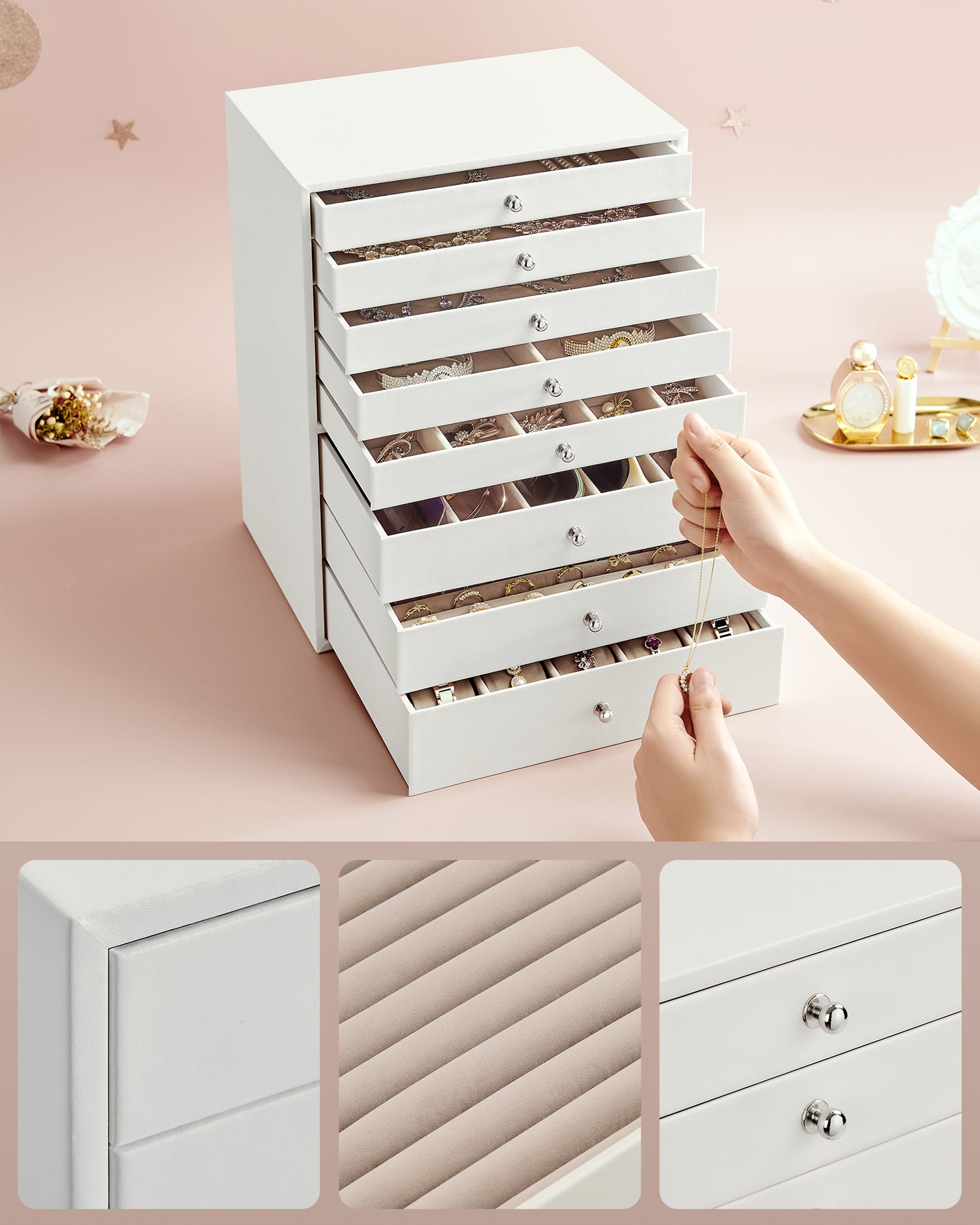 SONGMICS Jewellery Box, 8-Tier Jewellery Organiser with Drawers, Large Capacity, Jewellery Storage, Modern Style, Cloud White