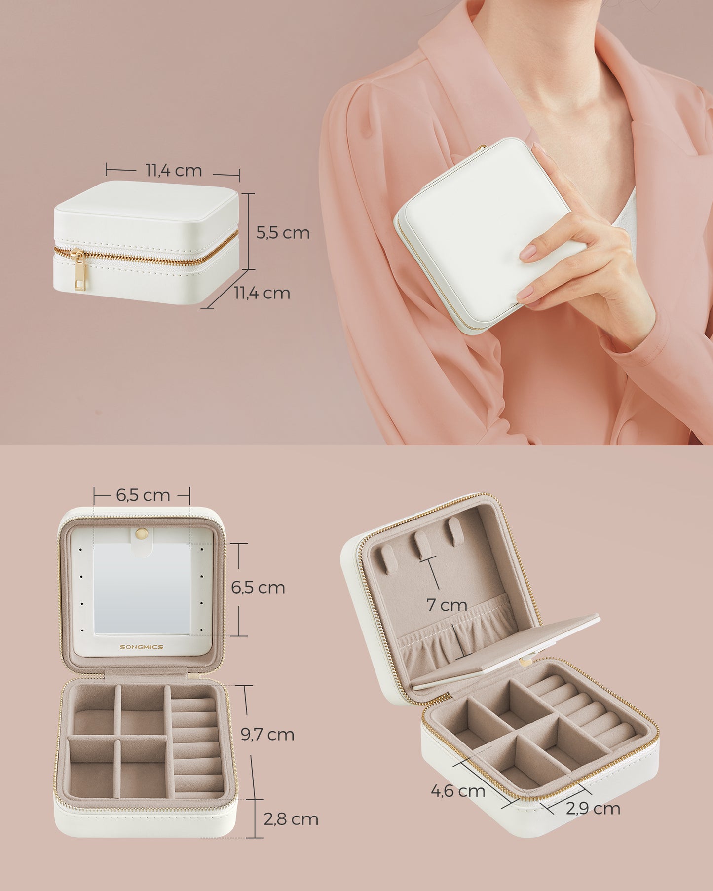 SONGMICS Jewelry Box Travel Jewelry Box with Interior Mirror, PU Leather Jewelry Storage for Women, Small Jewelry Organizer, Portable, Gift Idea, Cloud White