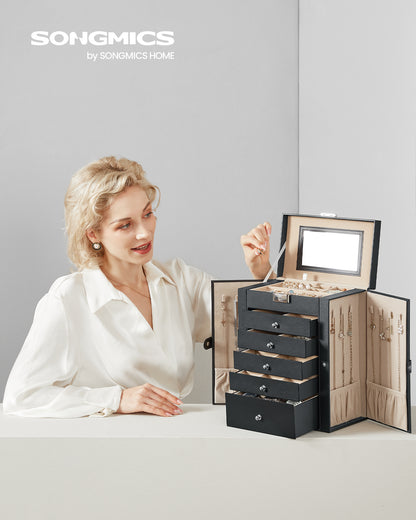 Large Accessory Organizer 6-Tier Black Mirror Jewelry Box