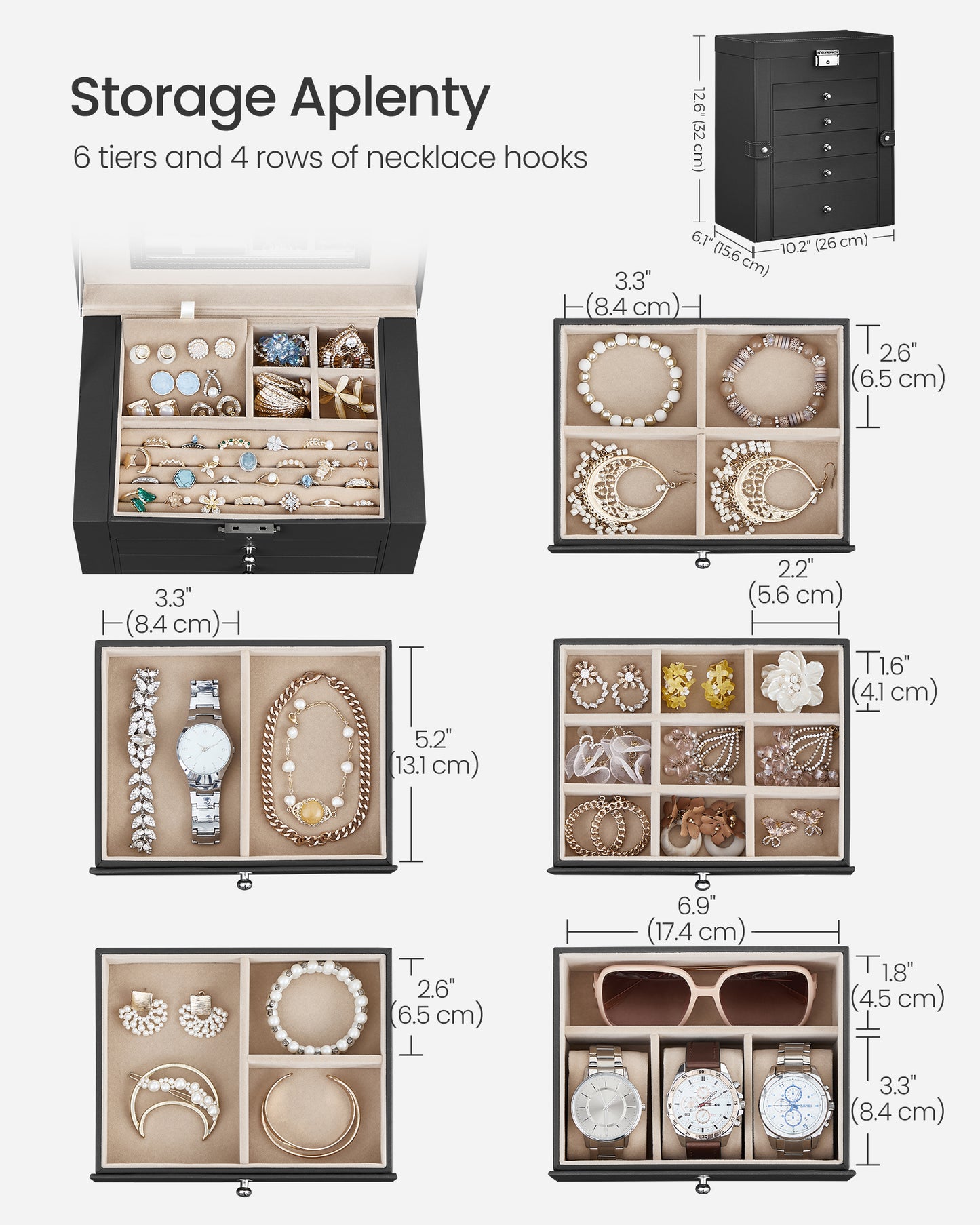 Large Accessory Organizer 6-Tier Black Mirror Jewelry Box
