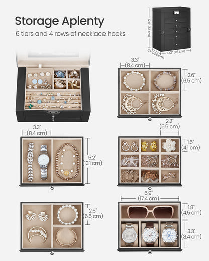 Large Accessory Organizer 6-Tier Black Mirror Jewelry Box
