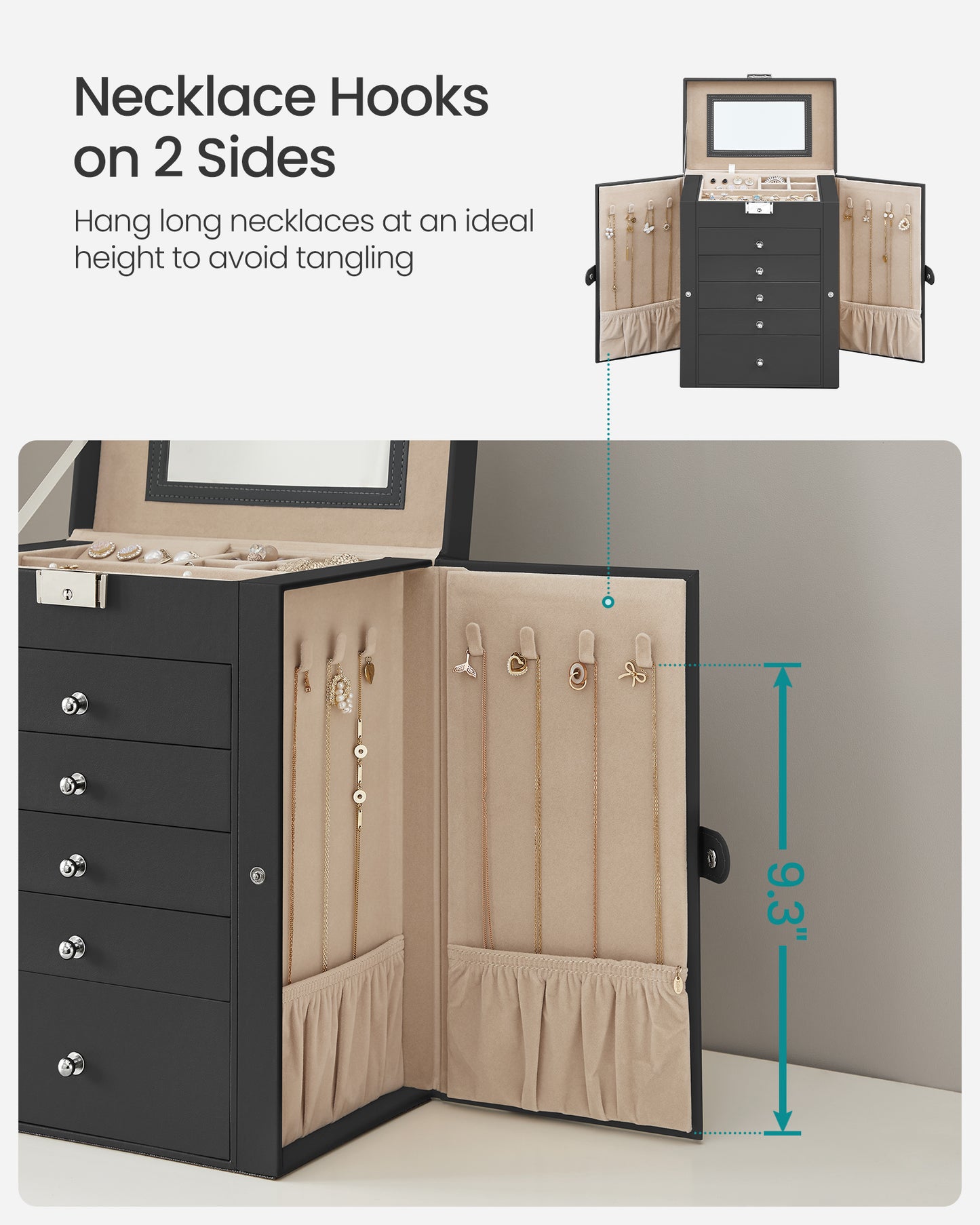 Large Accessory Organizer 6-Tier Black Mirror Jewelry Box