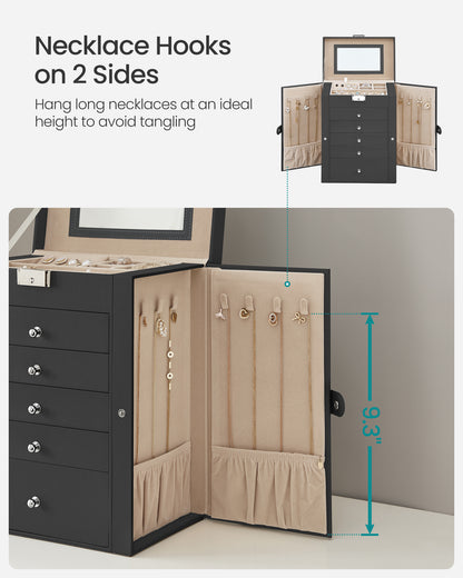 Large Accessory Organizer 6-Tier Black Mirror Jewelry Box