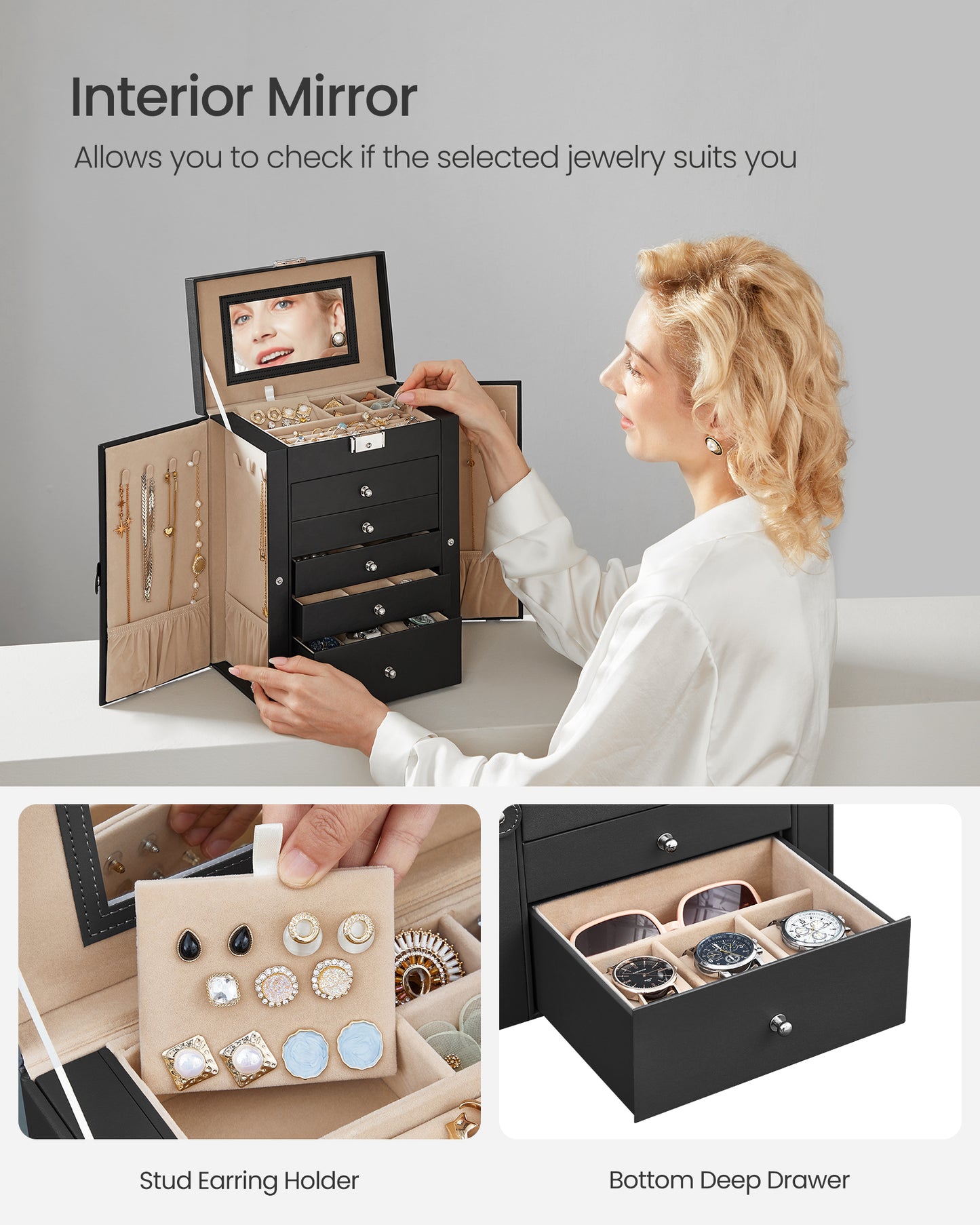Large Accessory Organizer 6-Tier Black Mirror Jewelry Box
