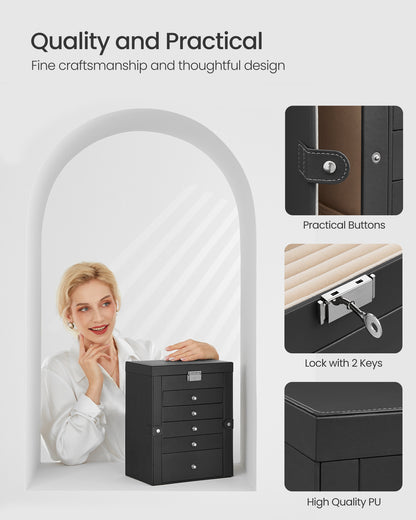 Large Accessory Organizer 6-Tier Black Mirror Jewelry Box