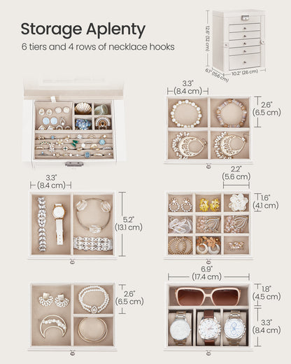 SONGMICS Large Accessory Organizer 6-Tier White Mirror Jewelry Box
