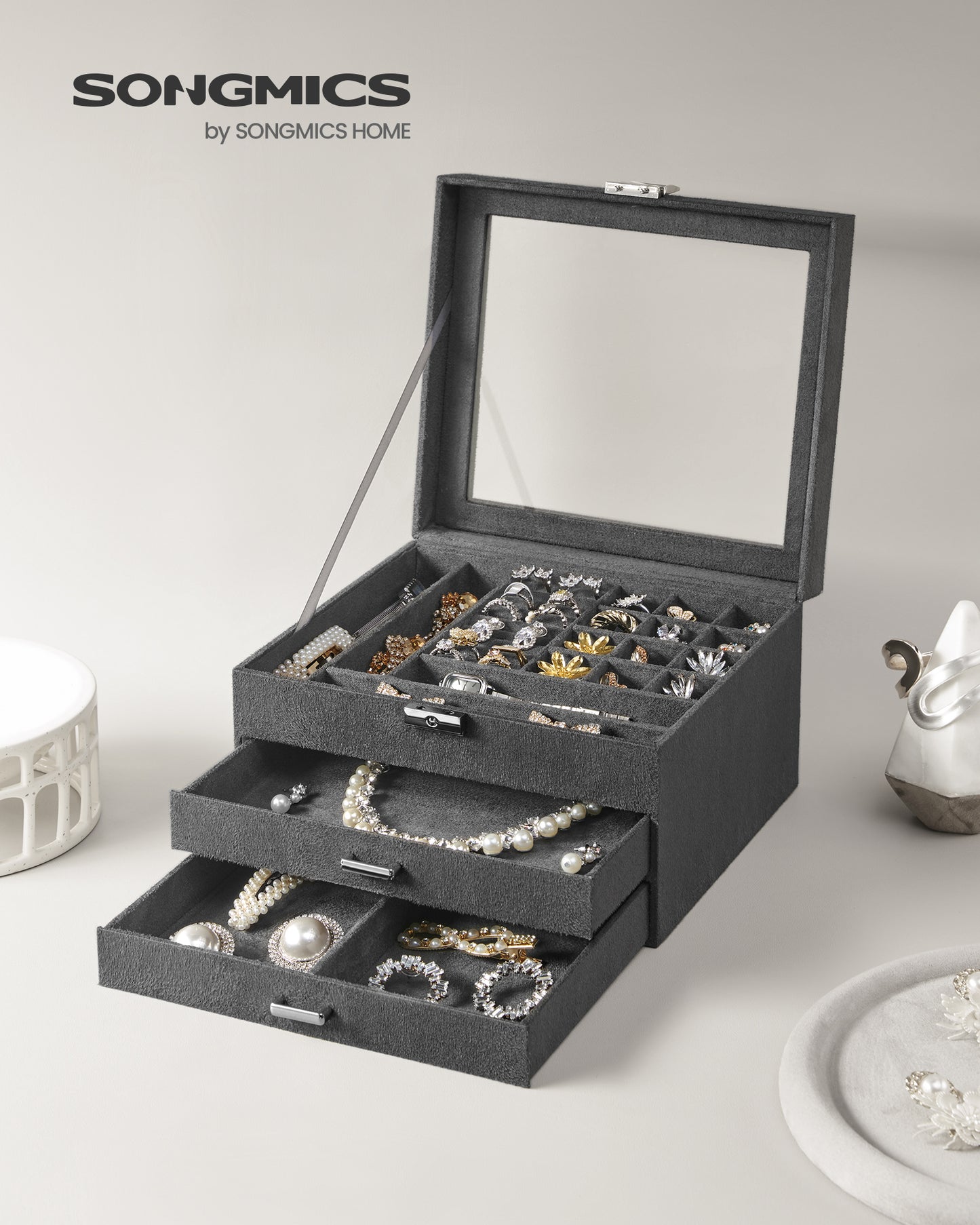 Lockable Jewelry Box, Jewelry Storage Organizer with Glass Window for Rings, Earrings, Studs, Bracelets, Necklaces, Gray