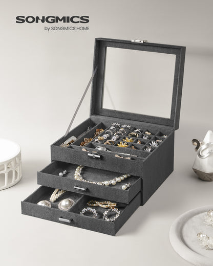 Lockable Jewelry Box, Jewelry Storage Organizer with Glass Window for Rings, Earrings, Studs, Bracelets, Necklaces, Gray