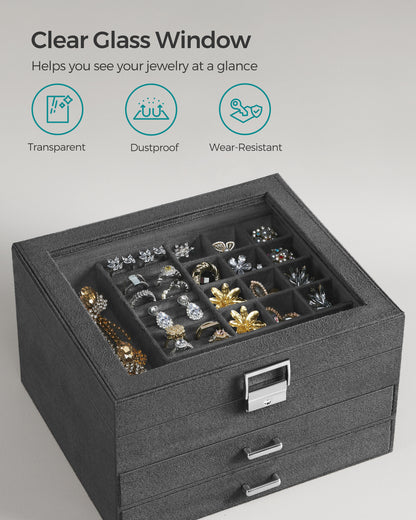 Lockable Jewelry Box, Jewelry Storage Organizer with Glass Window for Rings, Earrings, Studs, Bracelets, Necklaces, Gray