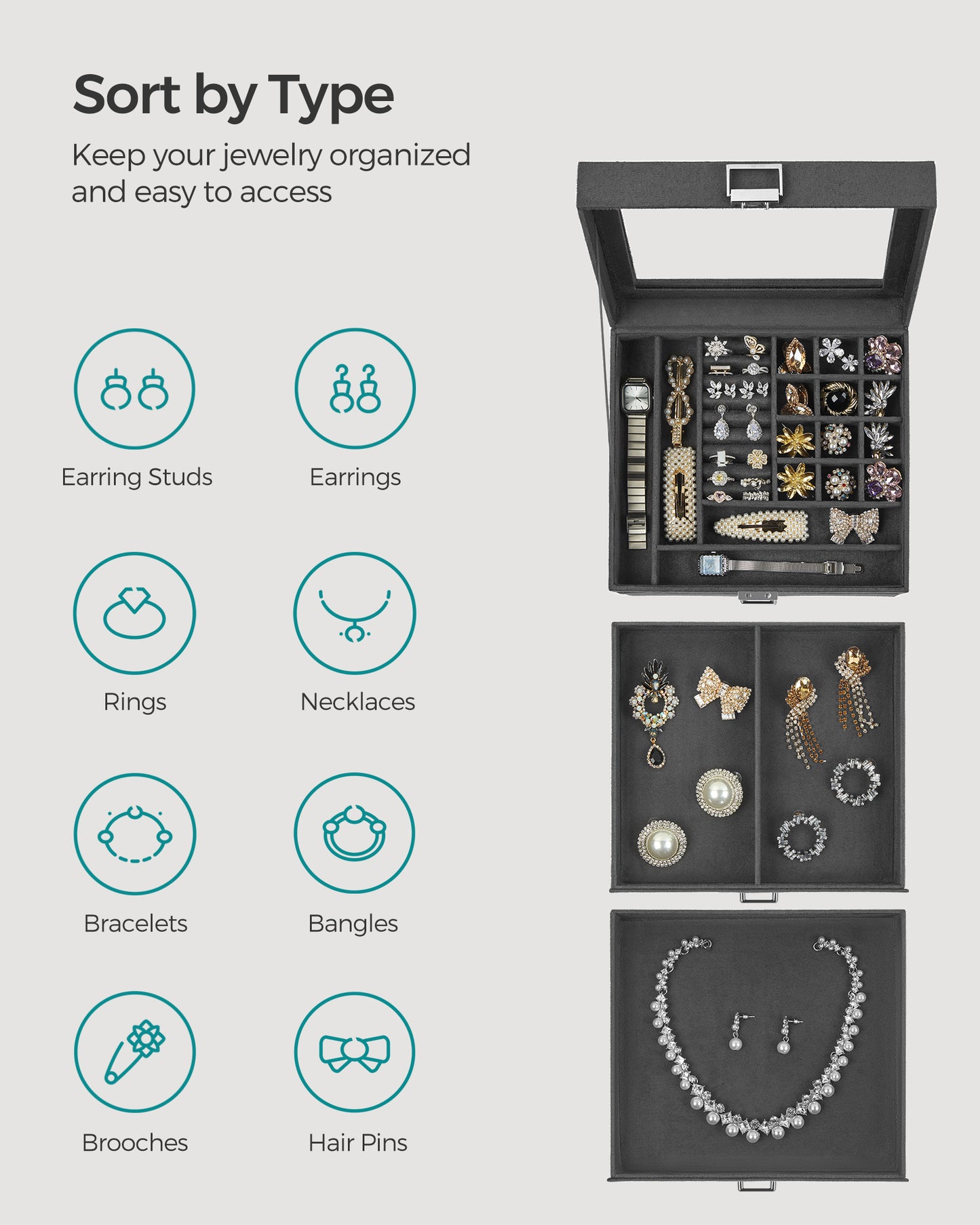 Lockable Jewelry Box, Jewelry Storage Organizer with Glass Window for Rings, Earrings, Studs, Bracelets, Necklaces, Gray