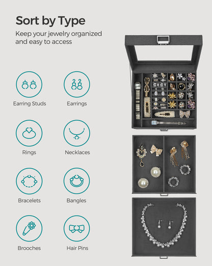 Lockable Jewelry Box, Jewelry Storage Organizer with Glass Window for Rings, Earrings, Studs, Bracelets, Necklaces, Gray