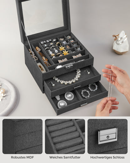 Lockable Jewelry Box, Jewelry Storage Organizer with Glass Window for Rings, Earrings, Studs, Bracelets, Necklaces, Gray