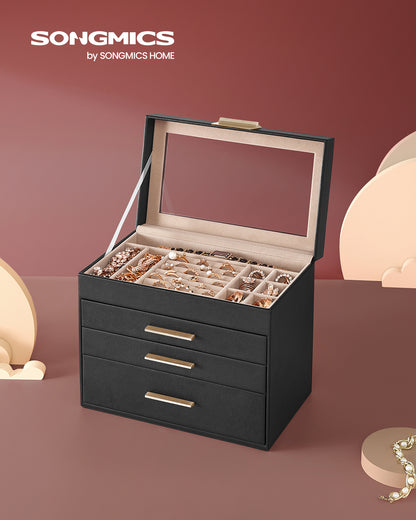 LEDREM Modern Jewelry Box with Glass Lid, 4-Layer Jewelry Organizer, 3 Drawers, for Sunglasses, Big Jewelry, Jewelry Storage