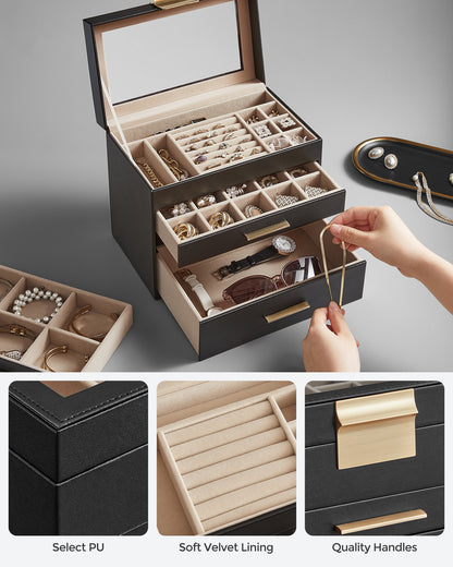 LEDREM Modern Jewelry Box with Glass Lid, 4-Layer Jewelry Organizer, 3 Drawers, for Sunglasses, Big Jewelry, Jewelry Storage