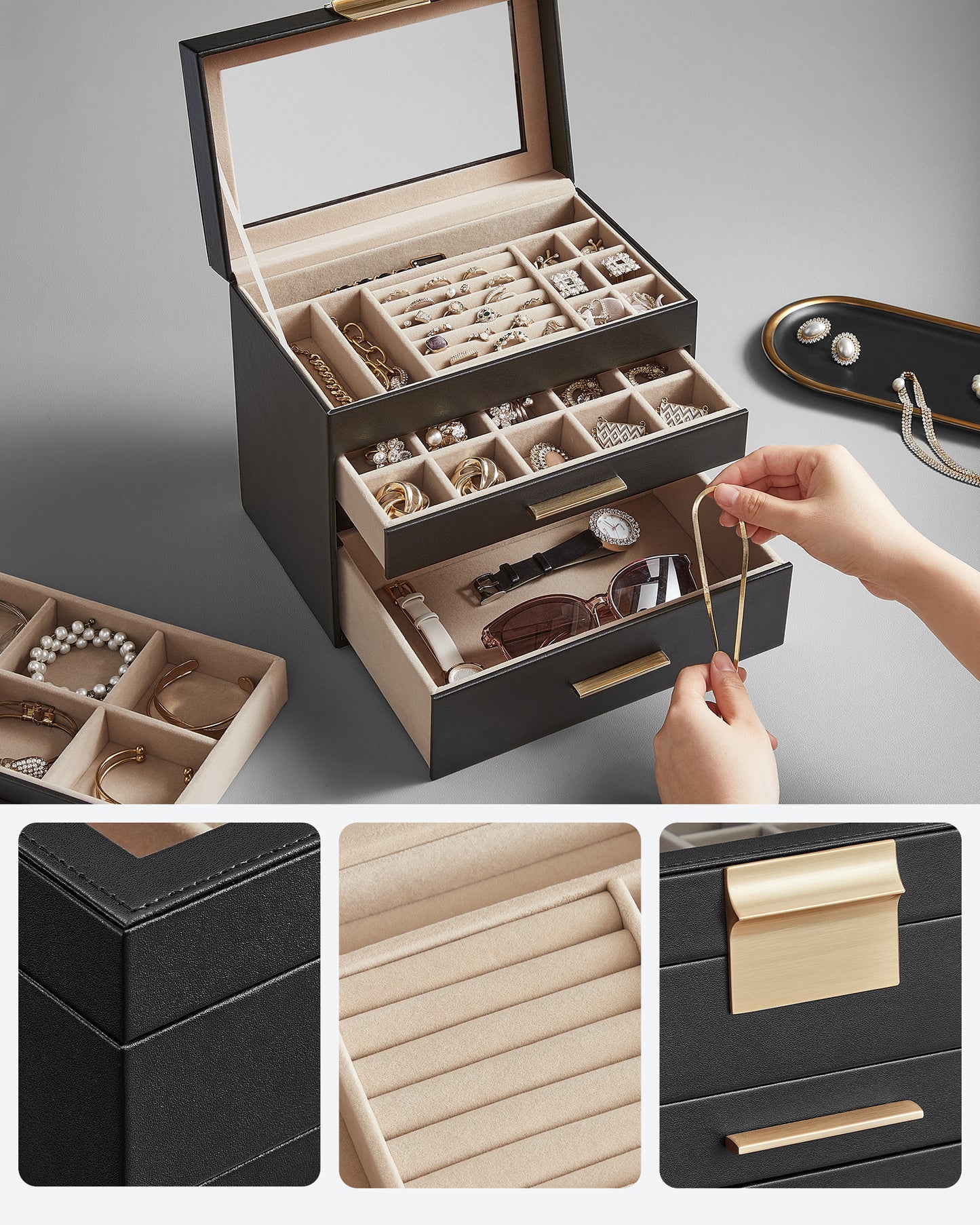 SONGMICS 4-Layer Jewelry Box with Glass Lid Jewelry Organizer for Sunglasses Big Jewelry Storage