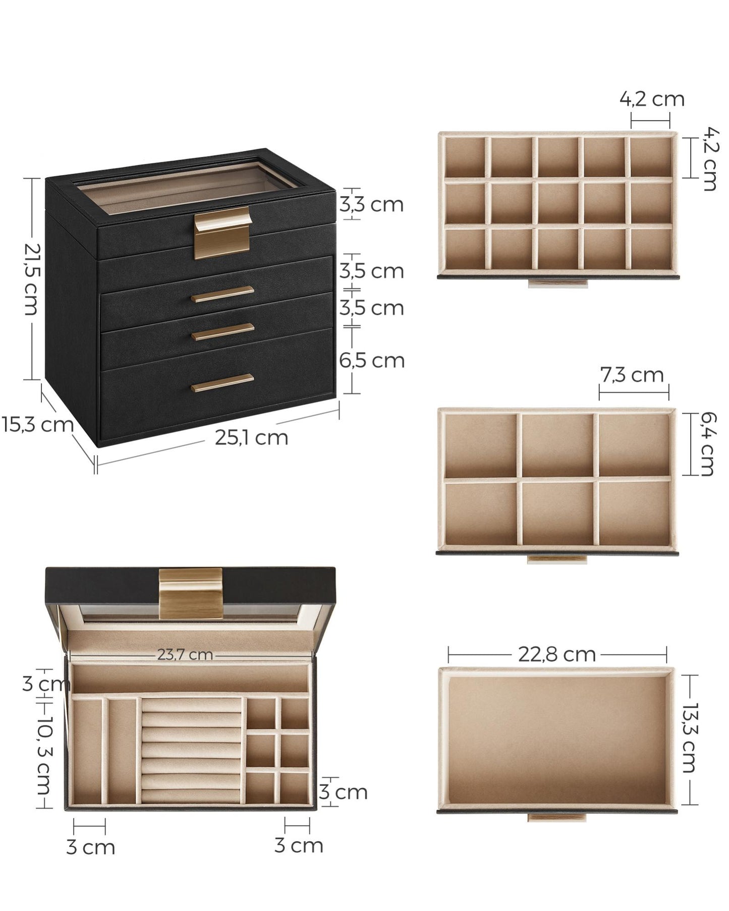 LEDREM Modern Jewelry Box with Glass Lid, 4-Layer Jewelry Organizer, 3 Drawers, for Sunglasses, Big Jewelry, Jewelry Storage