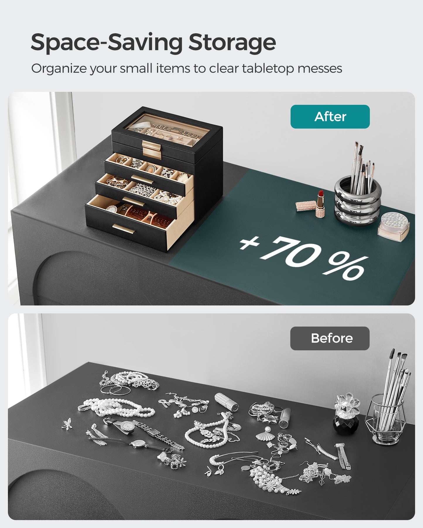 LEDREM Modern Jewelry Box with Glass Lid, 4-Layer Jewelry Organizer, 3 Drawers, for Sunglasses, Big Jewelry, Jewelry Storage