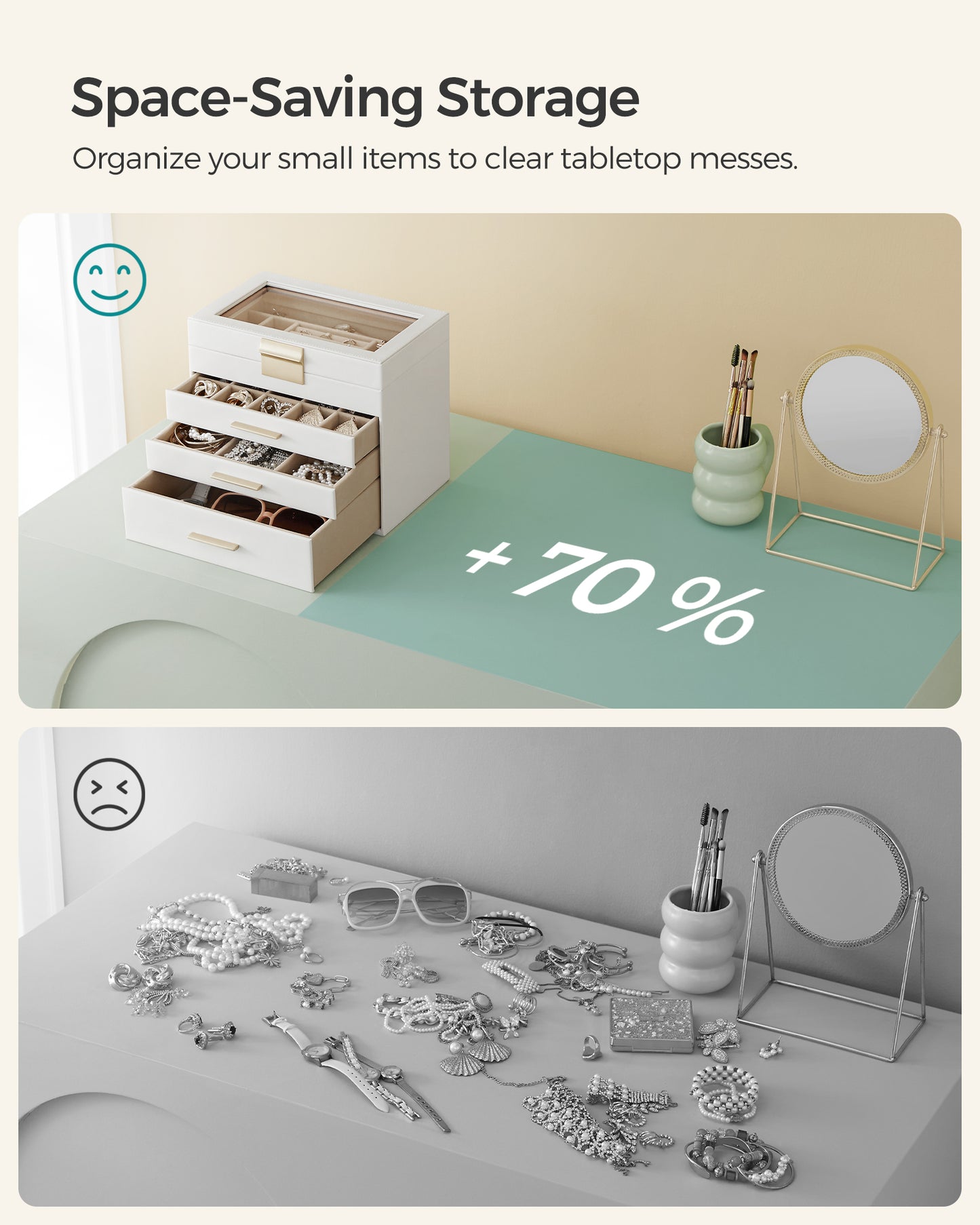 LEDREM 4-Layer Jewelry Organizer, Jewelry Box with Glass Lid 3 Drawers, for Sunglasses, Big Jewelry
