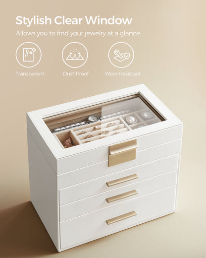 LEDREM 4-Layer Jewelry Organizer, Jewelry Box with Glass Lid 3 Drawers, for Sunglasses, Big Jewelry