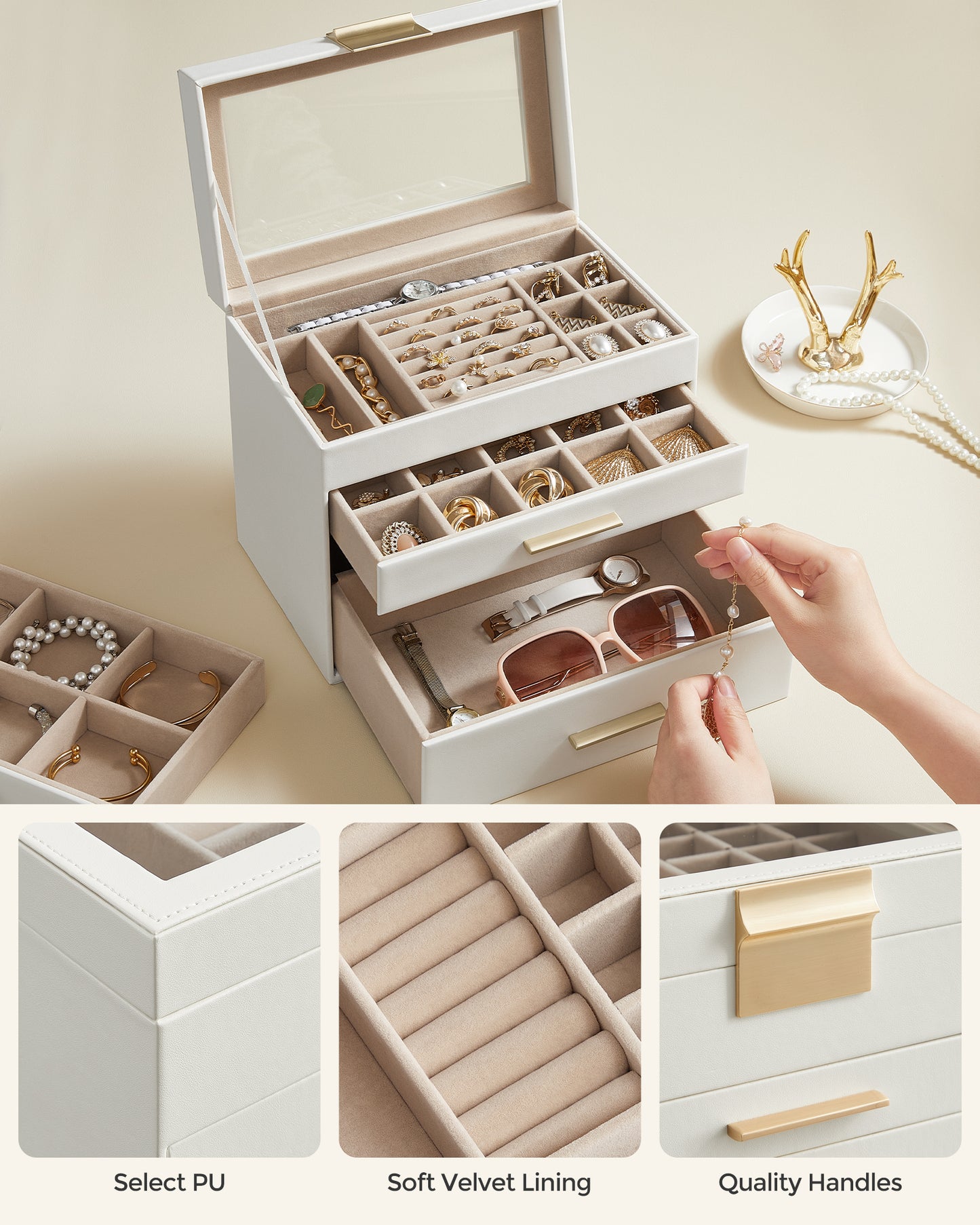LEDREM 4-Layer Jewelry Organizer, Jewelry Box with Glass Lid 3 Drawers, for Sunglasses, Big Jewelry