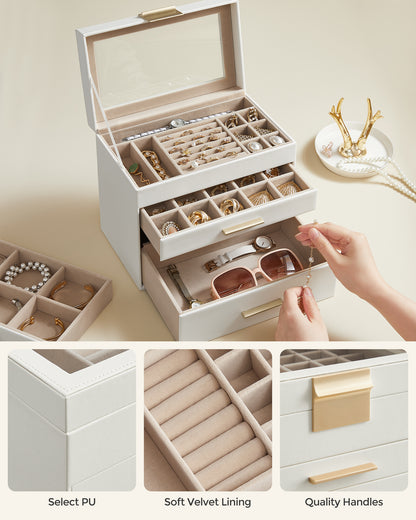 LEDREM 4-Layer Jewelry Organizer, Jewelry Box with Glass Lid 3 Drawers, for Sunglasses, Big Jewelry