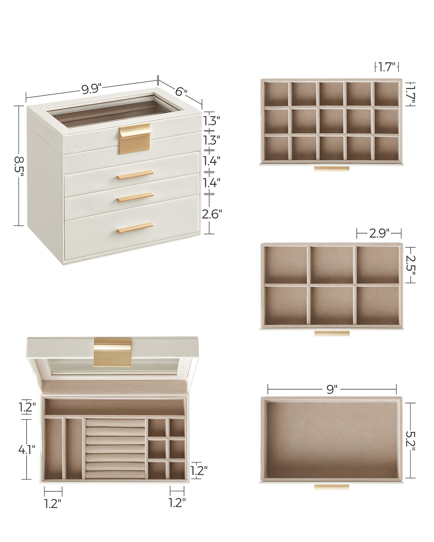 LEDREM 4-Layer Jewelry Organizer, Jewelry Box with Glass Lid 3 Drawers, for Sunglasses, Big Jewelry