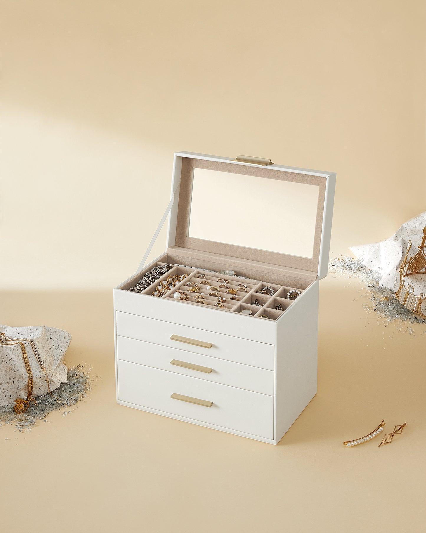 LEDREM 4-Layer Jewelry Organizer, Jewelry Box with Glass Lid 3 Drawers, for Sunglasses, Big Jewelry