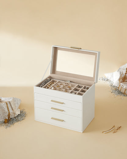LEDREM 4-Layer Jewelry Organizer, Jewelry Box with Glass Lid 3 Drawers, for Sunglasses, Big Jewelry