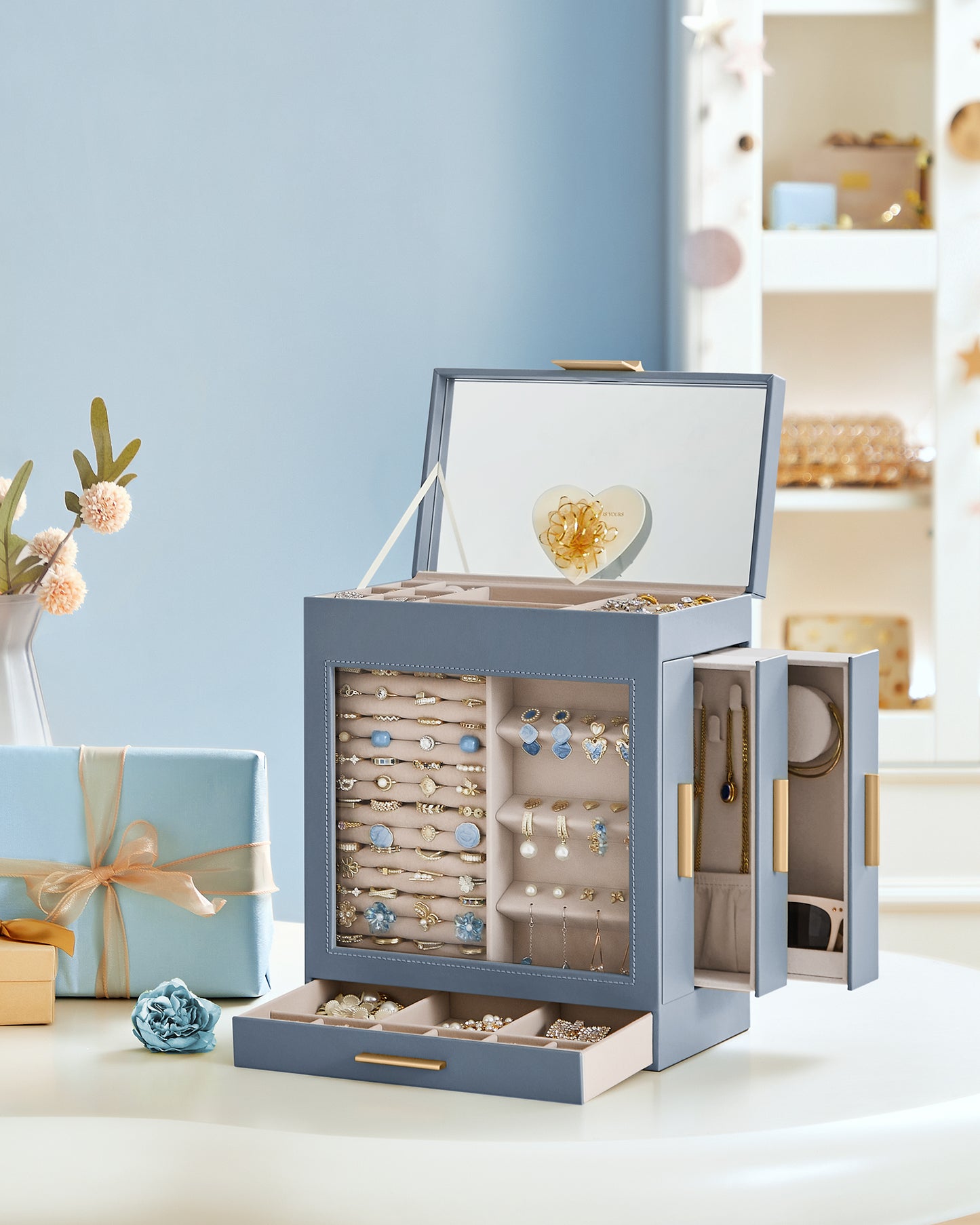 Jewelry Box with Glass Window, 5-Layer Jewelry Organizer with 3 Side Drawers, Jewelry Storage, 6.1 x 10.3 x 12.6 Inches, Smoky Blue