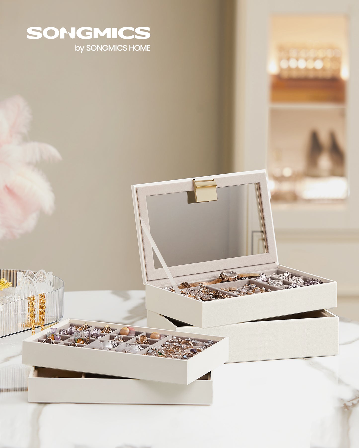 SONGMICS Stackable Jewelry Trays, 4-Tier Jewelry Box, Drawer Jewelry Organizer, with Glass Lid, Removable Dividers, for Vanity Table, Cloud White