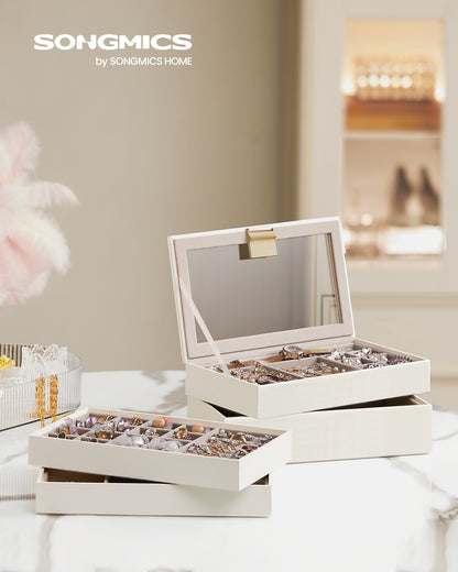 SONGMICS Stackable Jewelry Trays, 4-Tier Jewelry Box, Drawer Jewelry Organizer, with Glass Lid, Removable Dividers, for Vanity Table, Cloud White
