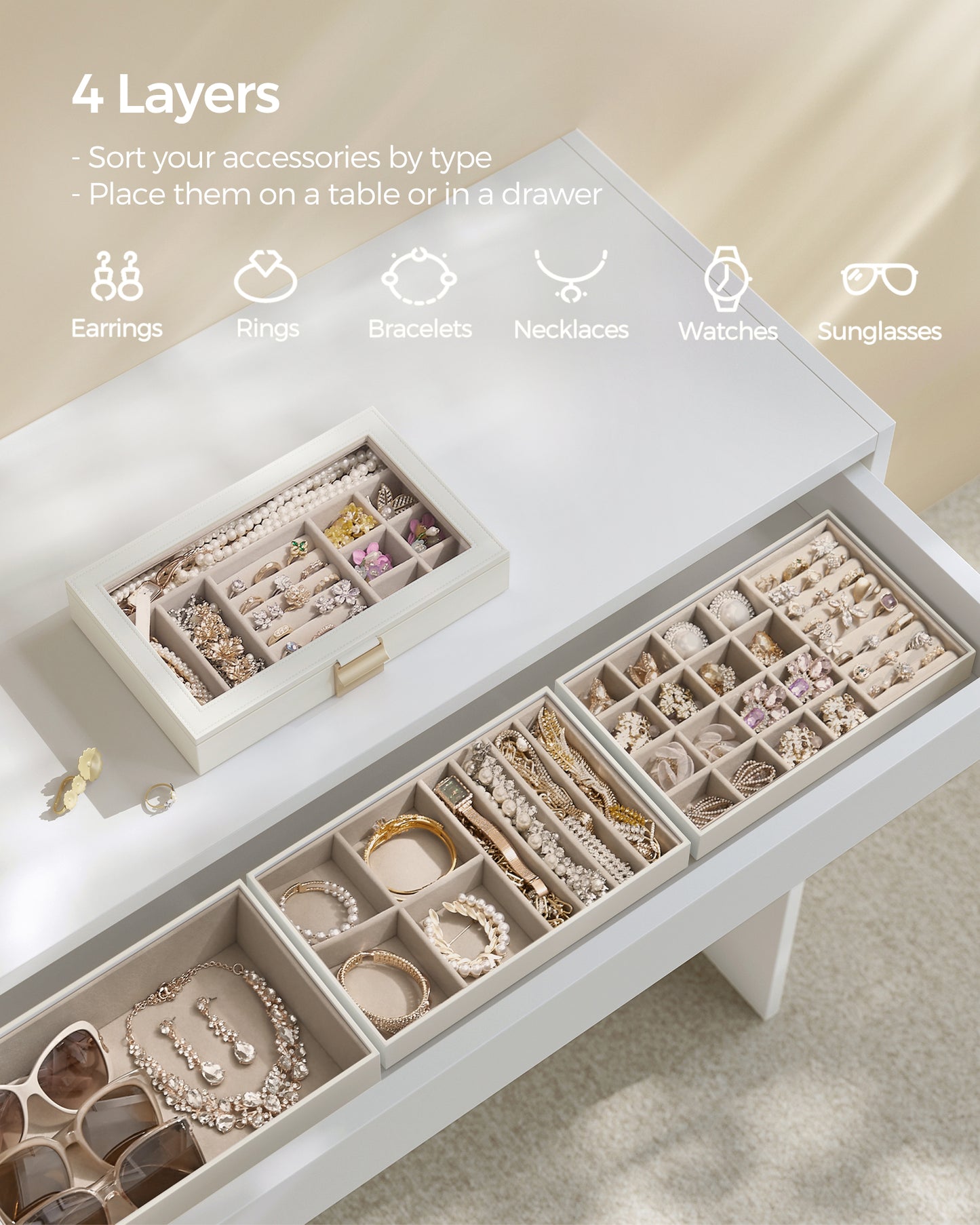 SONGMICS Stackable Jewelry Trays, 4-Tier Jewelry Box, Drawer Jewelry Organizer, with Glass Lid, Removable Dividers, for Vanity Table, Cloud White