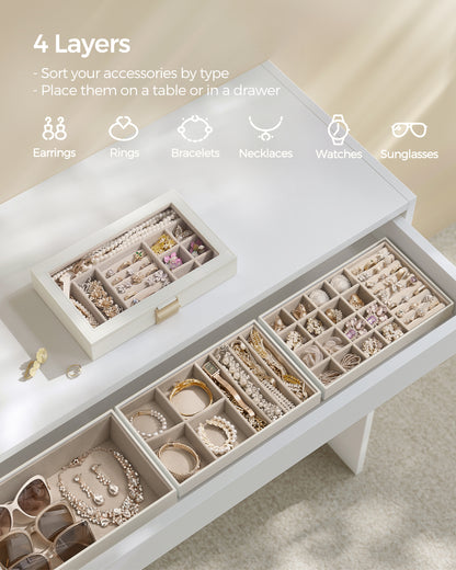 SONGMICS Stackable Jewelry Trays, 4-Tier Jewelry Box, Drawer Jewelry Organizer, with Glass Lid, Removable Dividers, for Vanity Table, Cloud White