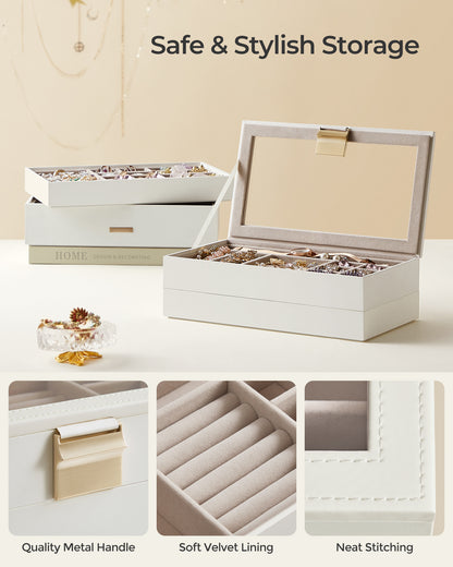 SONGMICS Stackable Jewelry Trays, 4-Tier Jewelry Box, Drawer Jewelry Organizer, with Glass Lid, Removable Dividers, for Vanity Table, Cloud White