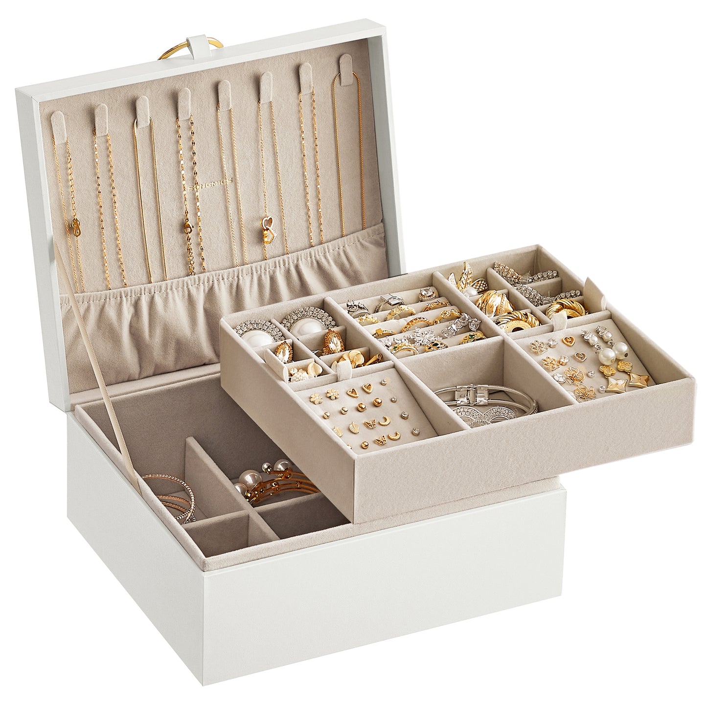 2-Tier Jewelry Box Jewelry Storage Organizer with Handle Removable Tray, White