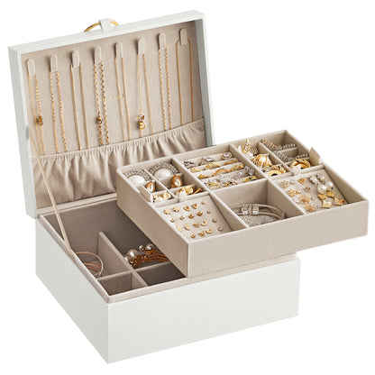 2-Tier Jewelry Box Jewelry Storage Organizer with Handle Removable Tray, White