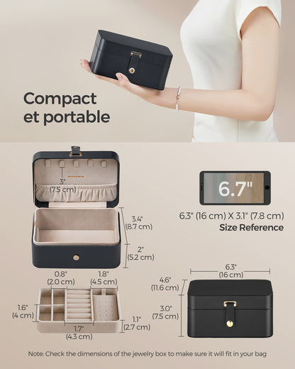 Travel Jewelry Case, Portable 2-Layer Jewelry Box, 4.6 x 6.3 x 3 Inches, Versatile Earring Storage for Larger Accessories, Gift Idea, Black