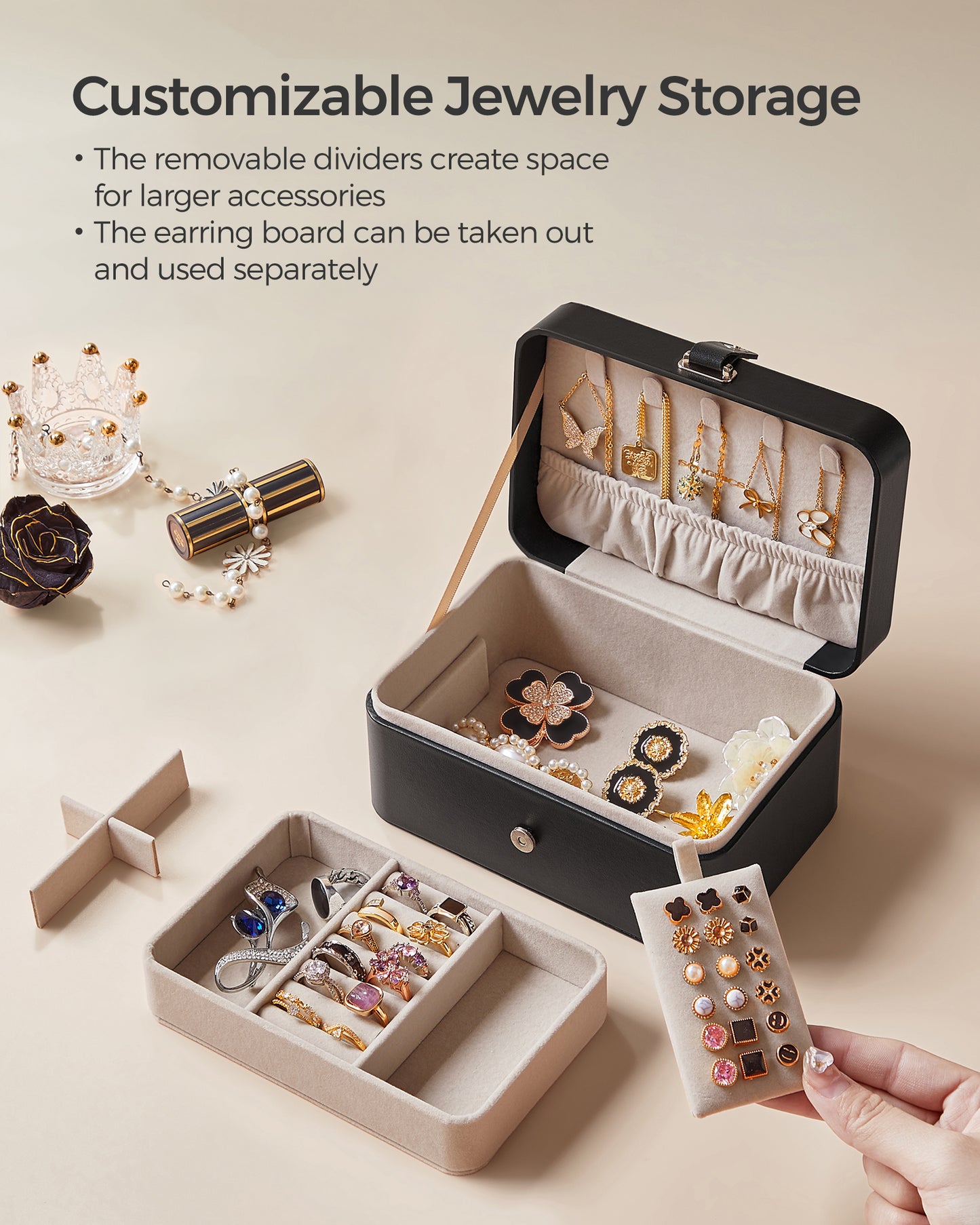 Travel Jewelry Case, Portable 2-Layer Jewelry Box, 4.6 x 6.3 x 3 Inches, Versatile Earring Storage for Larger Accessories, Gift Idea, Black