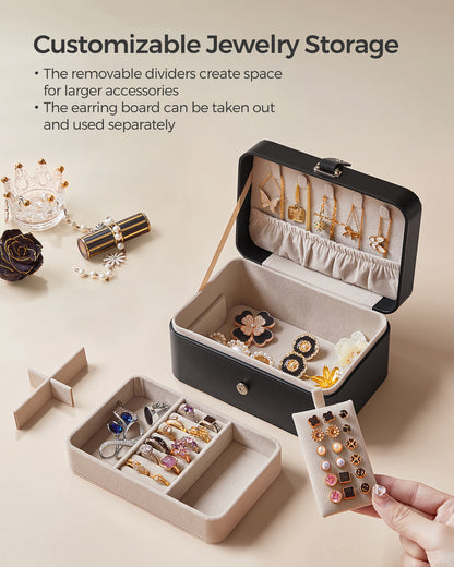 Travel Jewelry Case, Portable 2-Layer Jewelry Box, 4.6 x 6.3 x 3 Inches, Versatile Earring Storage for Larger Accessories, Gift Idea, Black