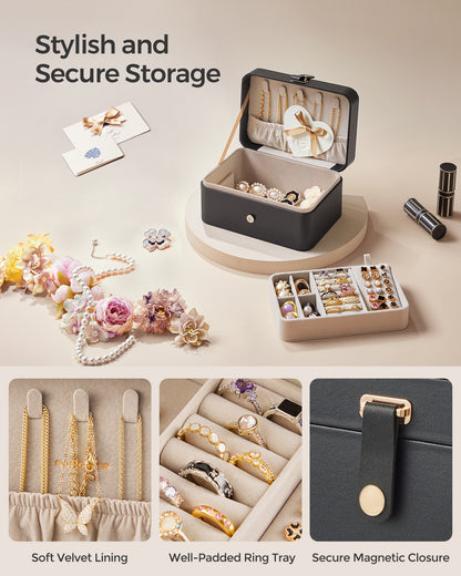 Travel Jewelry Case, Portable 2-Layer Jewelry Box, 4.6 x 6.3 x 3 Inches, Versatile Earring Storage for Larger Accessories, Gift Idea, Black