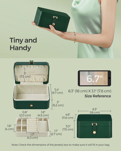 Jewelry Box, Travel Jewelry Case, 2-Layer Jewelry Holder Organizer, 4.3 x 6.3 x 3.1 Inches, Portable, Versatile Earring Storage Forest Green