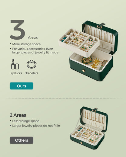 Jewelry Box, Travel Jewelry Case, 2-Layer Jewelry Holder Organizer, 4.3 x 6.3 x 3.1 Inches, Portable, Versatile Earring Storage Forest Green