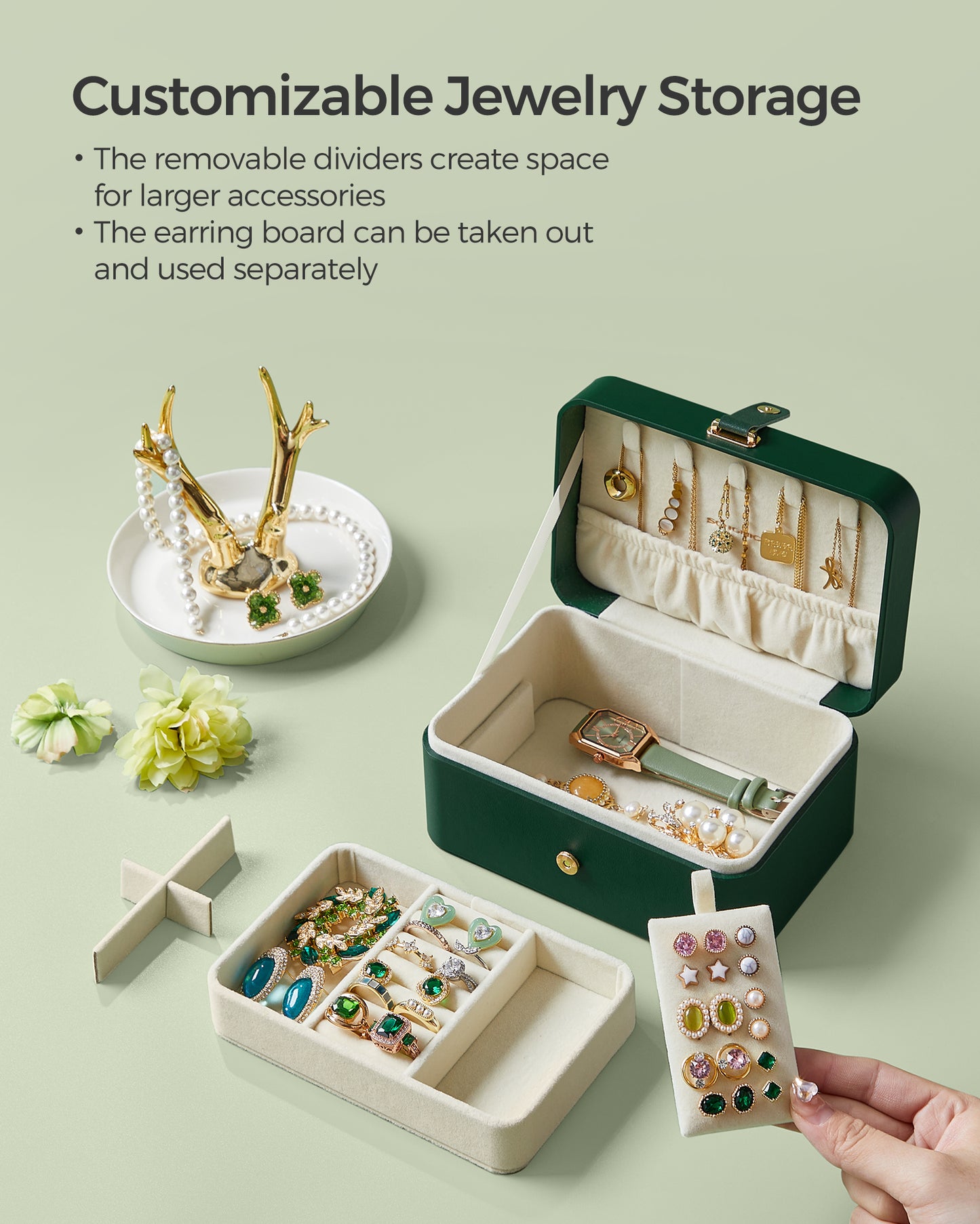 Jewelry Box, Travel Jewelry Case, 2-Layer Jewelry Holder Organizer, 4.3 x 6.3 x 3.1 Inches, Portable, Versatile Earring Storage Forest Green