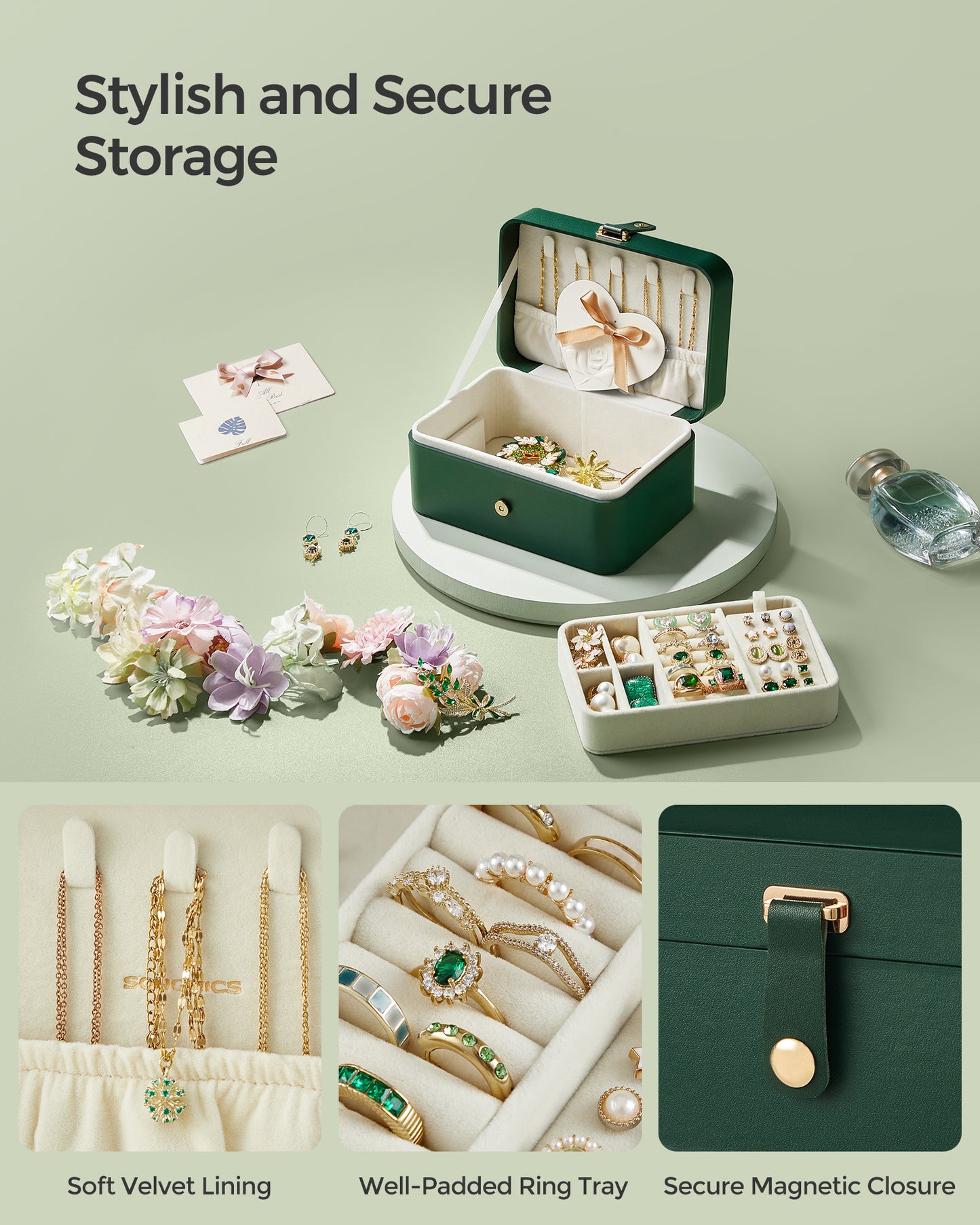 Jewelry Box, Travel Jewelry Case, 2-Layer Jewelry Holder Organizer, 4.3 x 6.3 x 3.1 Inches, Portable, Versatile Earring Storage Forest Green