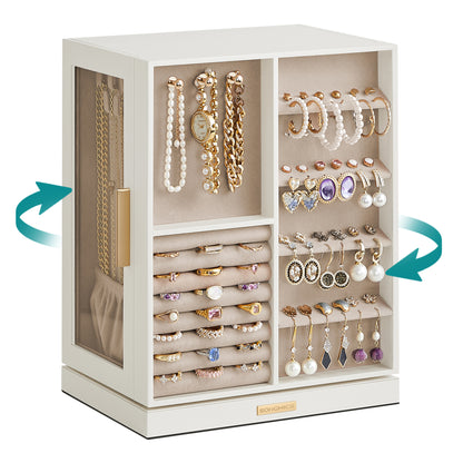 LEDREM Rotating Jewelry Box, Jewelry Organizer, 5-Drawer Jewelry Storage Case with Glass Window, Vertical Design, Open and Spacious, White