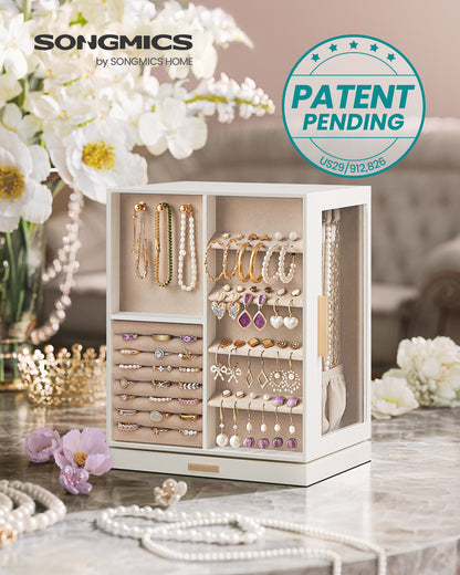 LEDREM Rotating Jewelry Box, Jewelry Organizer, 5-Drawer Jewelry Storage Case with Glass Window, Vertical Design, Open and Spacious, White