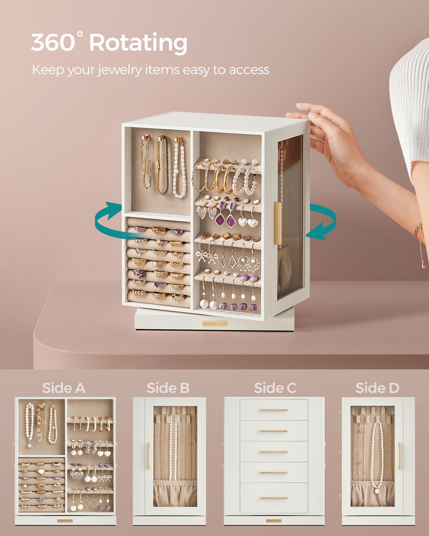 LEDREM Rotating Jewelry Box, Jewelry Organizer, 5-Drawer Jewelry Storage Case with Glass Window, Vertical Design, Open and Spacious, White